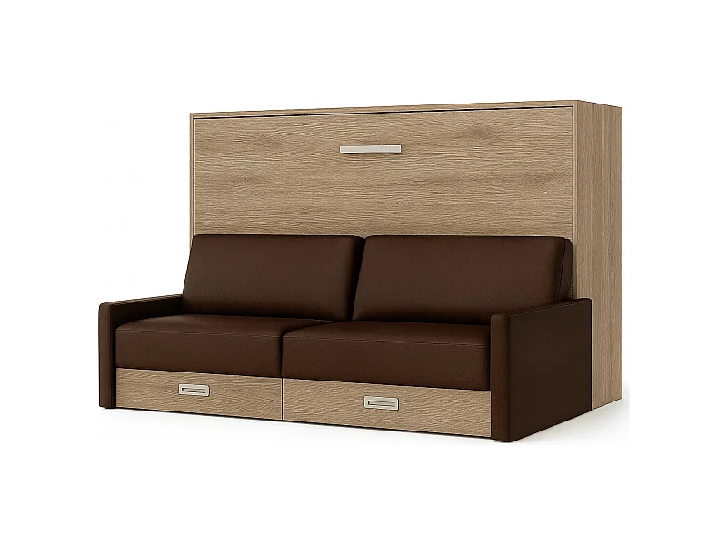 Lit escamotable horizontal avec canapé VETAL-120x200-Canapé Marron-Structure Chêne clair