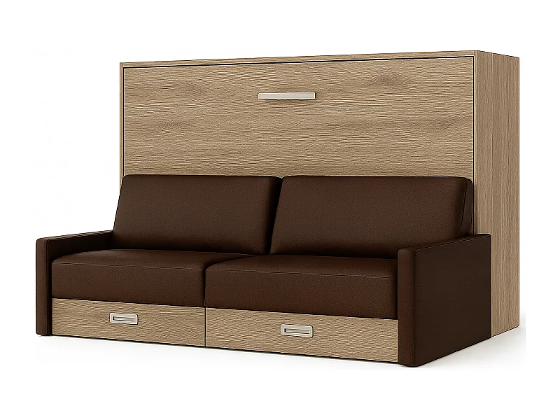 Lit escamotable horizontal avec canapé VETAL-120x200-Canapé Marron-Structure Chêne clair