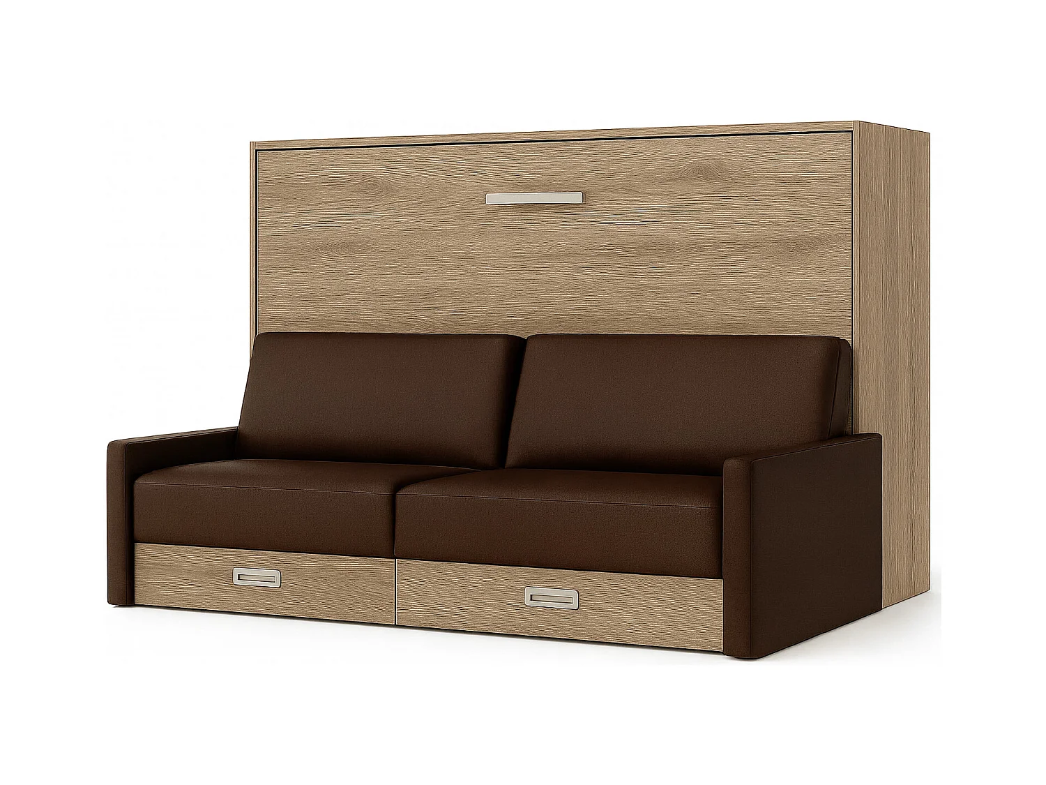 Lit escamotable horizontal avec canapé VETAL-140x200-Canapé Marron-Structure Chêne clair