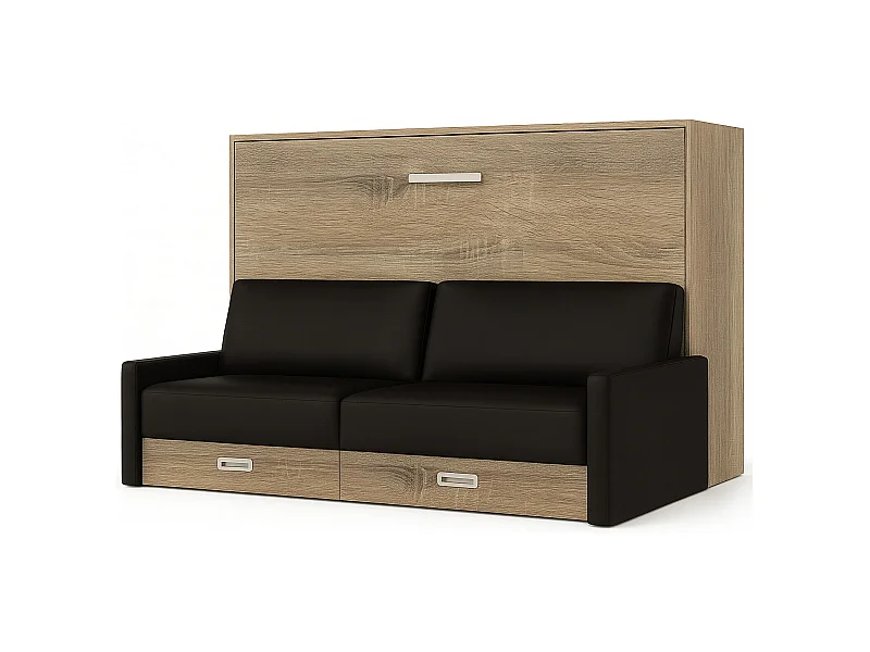 Lit escamotable horizontal avec canapé VETAL-140x200-Canapé Noir-Structure Chêne clair