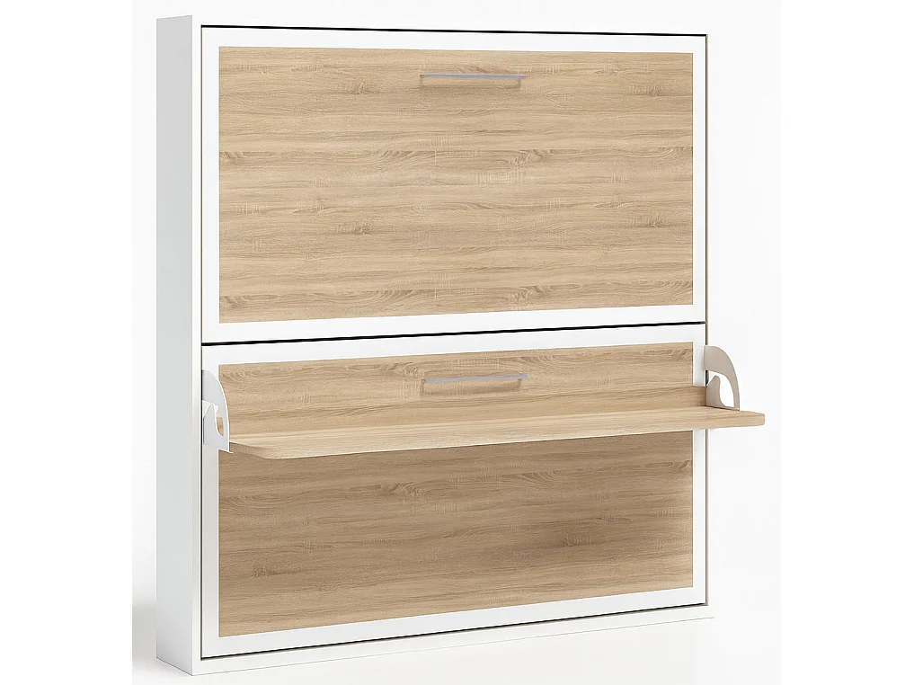 Lit escamotable horizontal superposé 90x190 STUDIO-Cadre Blanc-Façade Chêne clair