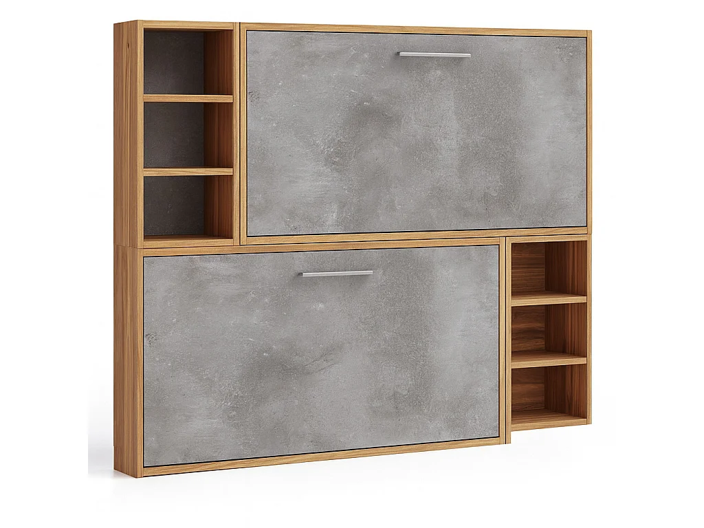 Lit escamotable superposé horizontal avec étagères BINKA-2 matelas-80x190-Cadre Chêne clair-Façade Gris ciment