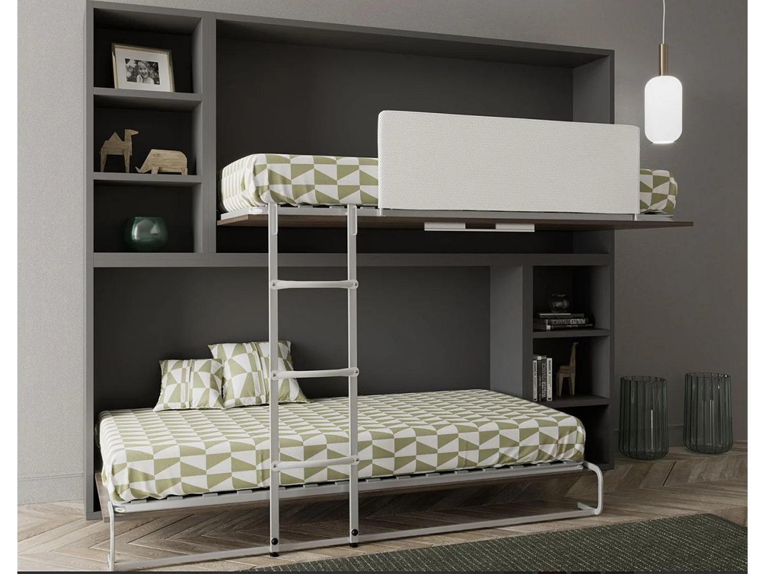Lit escamotable superposé horizontal avec étagères BINKA-2 matelas-80x190-Cadre Chêne clair-Façade Gris ciment