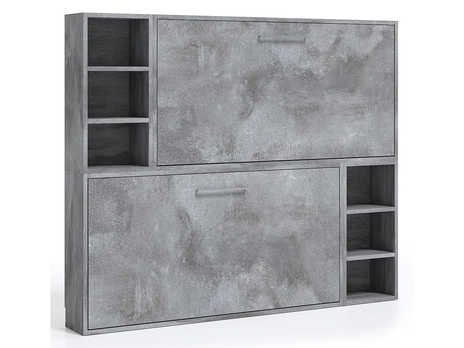 Lit escamotable superposé horizontal avec étagères BINKA-2 matelas-80x190-Cadre Chêne clair-Façade Gris ciment