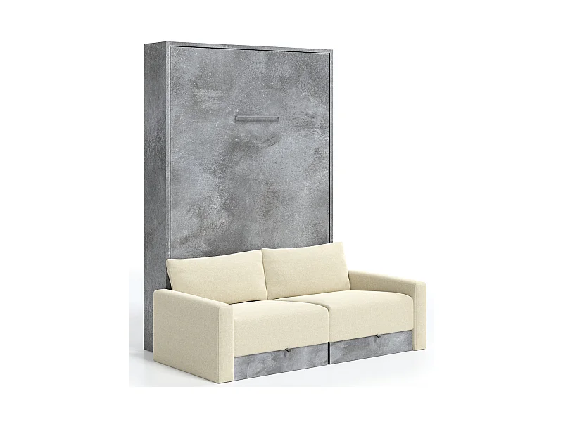 Lit escamotable vertical à tiroirs et canapé tissu VALENCIA-140x190-Canapé Naturel-Structure Gris ciment