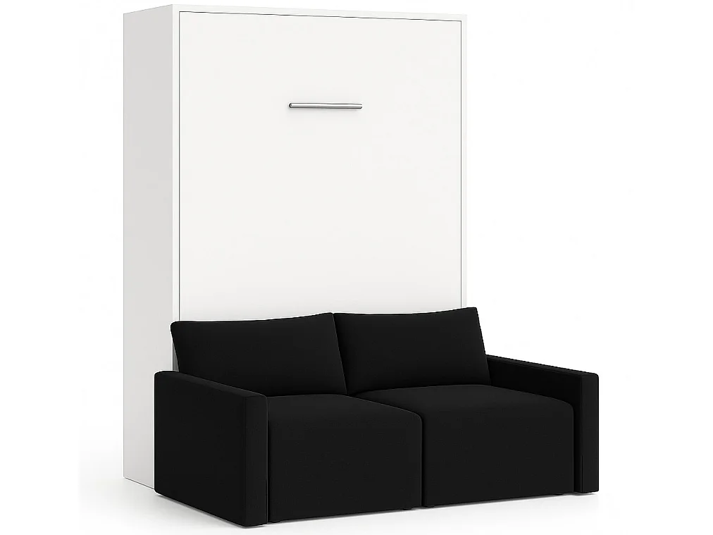 Lit escamotable vertical avec canapé tissu VALENCIA-Avec matelas-140x190-Canapé Noir-Structure Blanche