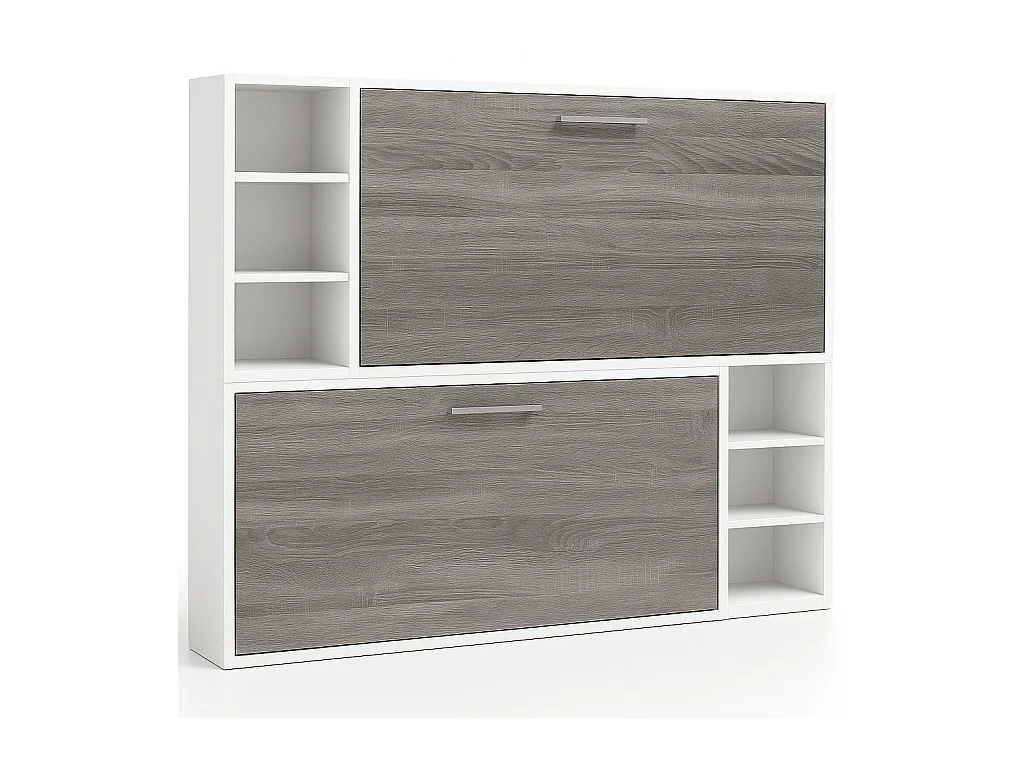 Litera abatible horizontal para 2 personas 80x200 con estantes Binka-Ropa de cama 90x190 cm-Encofrado Blanco-Frente Vintage