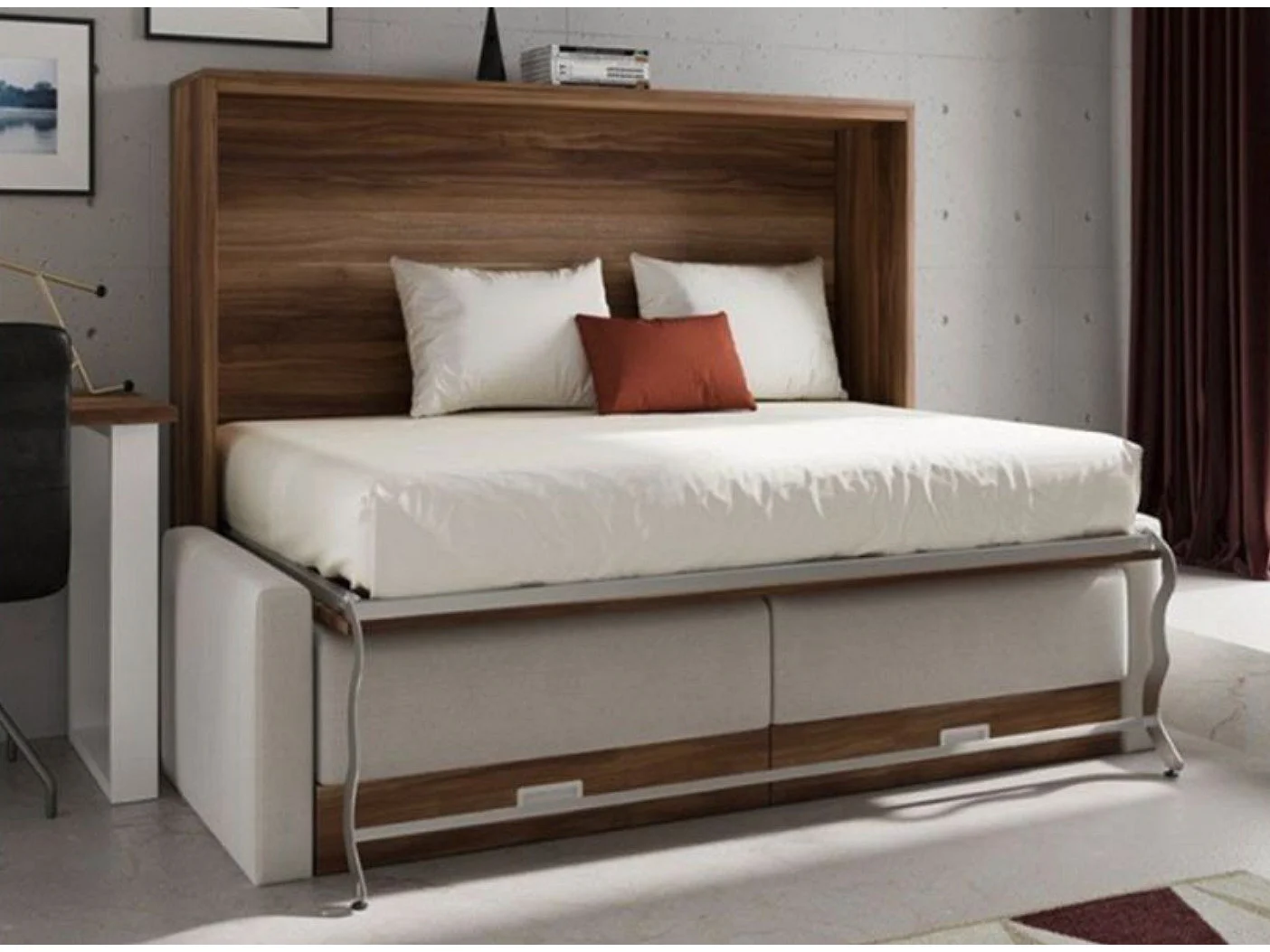 Lit escamotable horizontal avec canapé et rangement VETAL-160x200-Canapé Camel-Structure Noyer