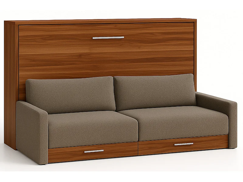 Horizontaal opklapbed met Vetal bank-Slapen 160x200cm-Bank kameel-Structuur en gevel Okkernoot