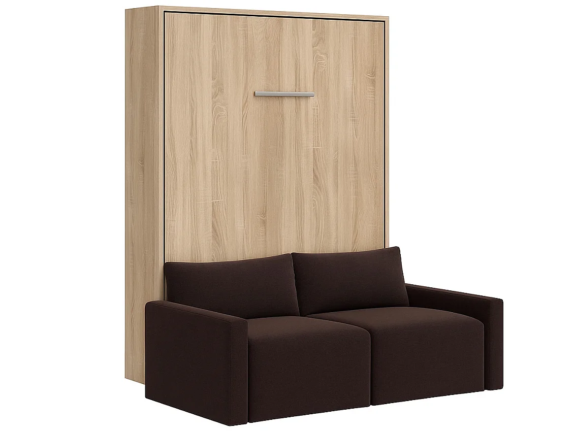 Lit escamotable vertical avec canapé tissu VALENCIA-140x190-Canapé Marron-Structure Chêne clair