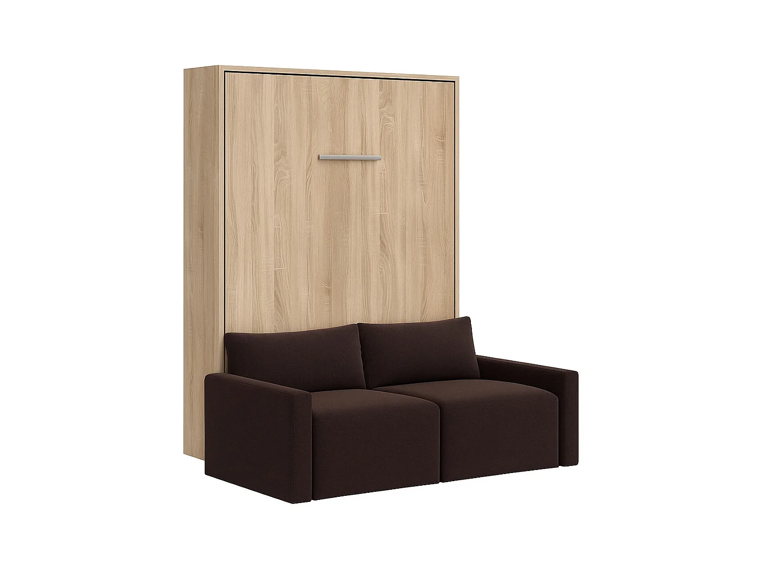Cama Murphy vertical con sofá Valencia de alta gama-Con colchón-Ropa de cama 160x200 cm-Sofá Marrón oscuro-Estructura y fachada Roble claro