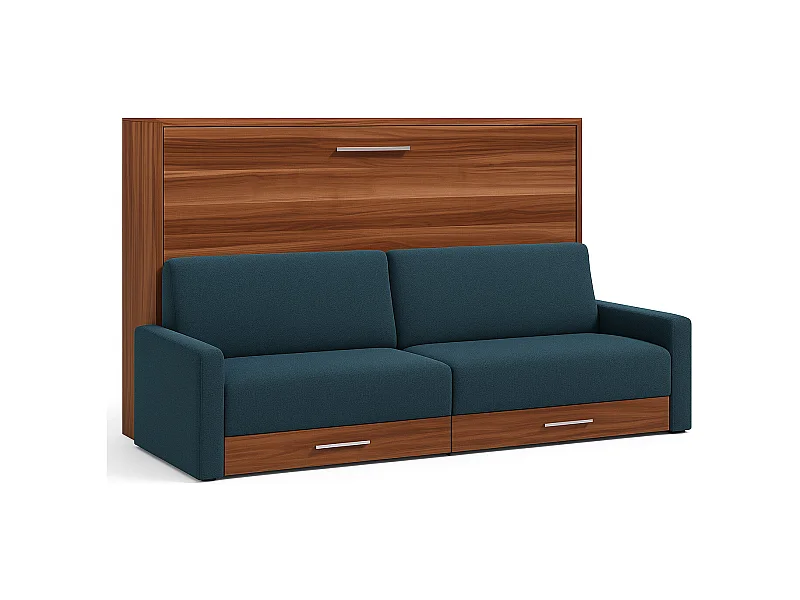 Lit escamotable horizontal avec canapé VETAL-120x200-Canapé Bleu canard-Structure Noyer