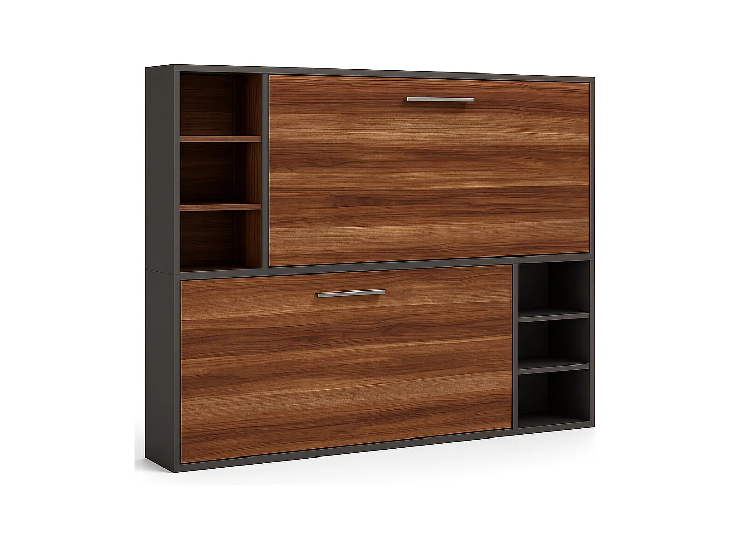 Lit escamotable superposé horizontal avec étagères BINKA-90x180-Cadre Anthracite-Façade Noyer