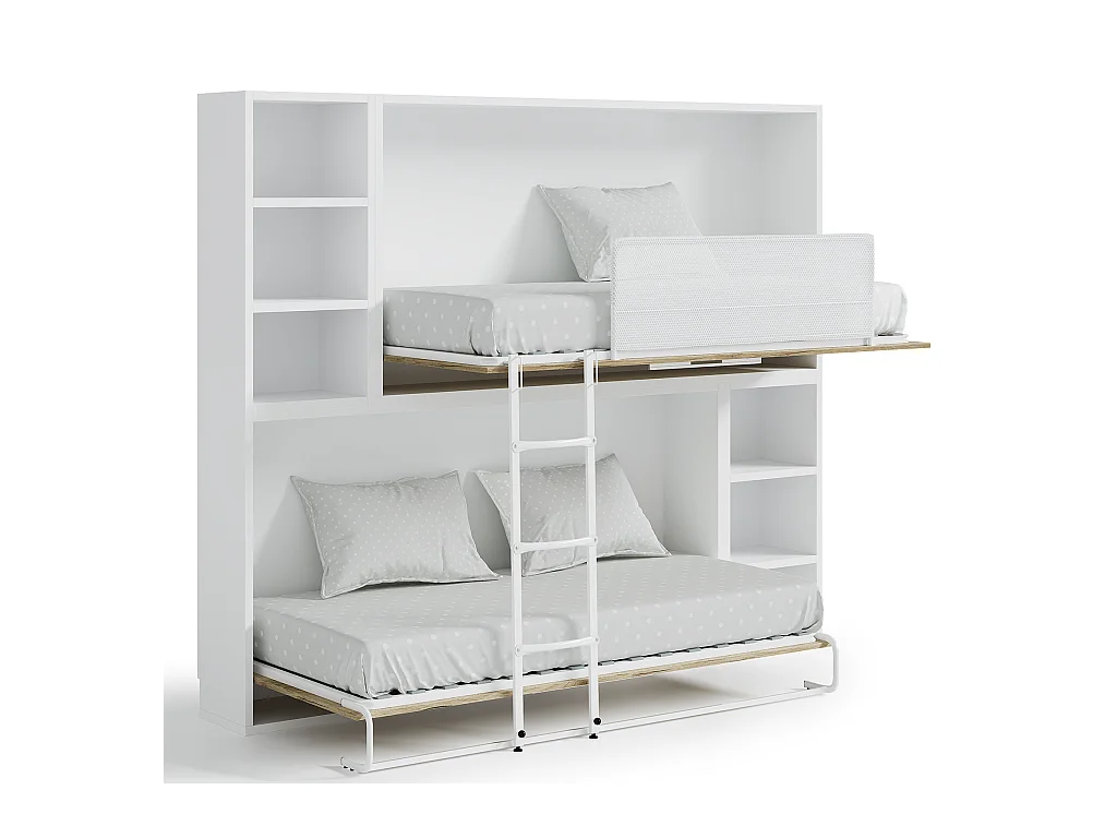 Lit escamotable superposé horizontal avec étagères BINKA-90x180-Cadre Anthracite-Façade Noyer