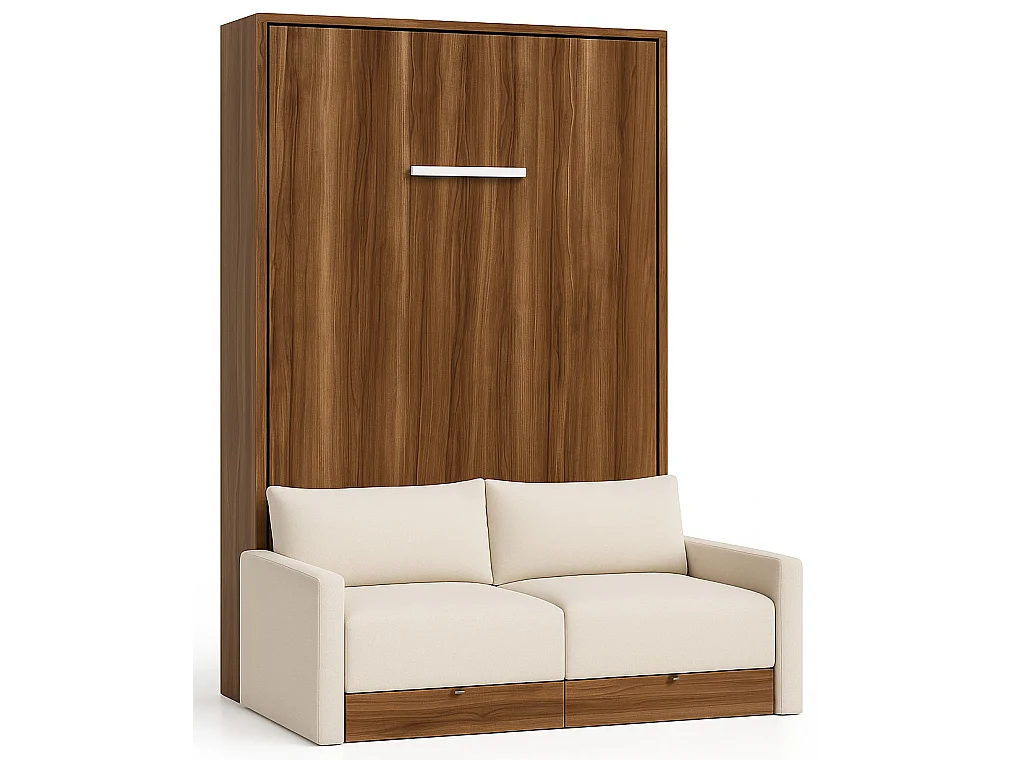 Valencia verticaal opklapbed met bank en lades High end-Zonder matras-Slapen 140x190cm-Bank Lichtgrijs-Structuur en gevel Okkernoot
