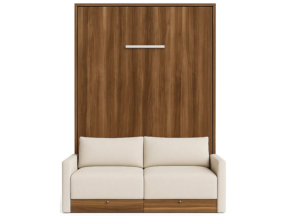 Valencia verticaal opklapbed met bank en lades High end-Zonder matras-Slapen 140x190cm-Bank Lichtgrijs-Structuur en gevel Okkernoot