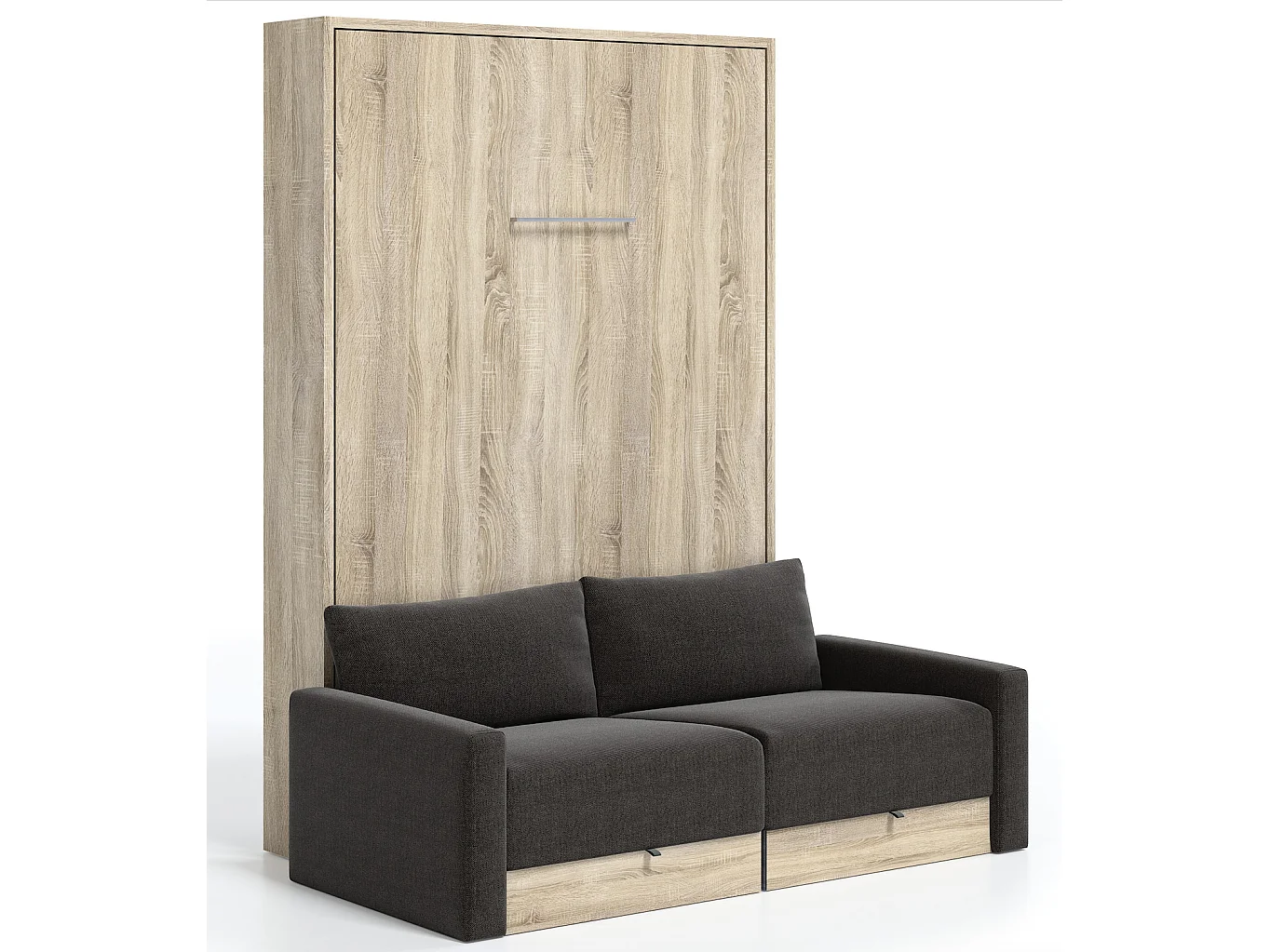 Lit escamotable vertical à tiroirs et canapé tissu VALENCIA-Avec matelas-160x200-Canapé Marron-Structure Chêne clair