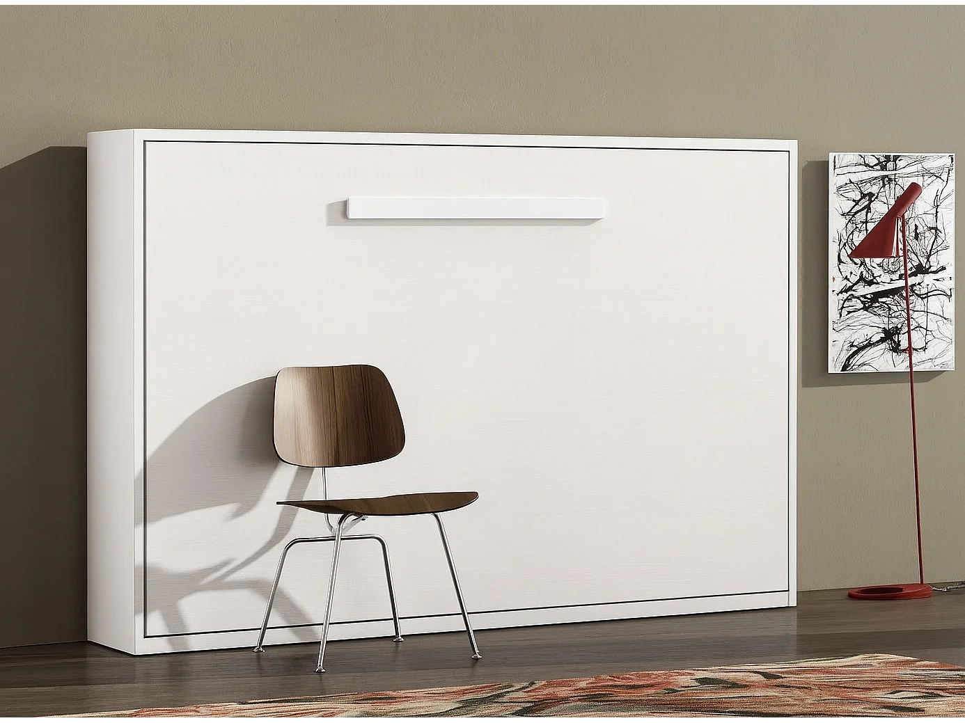 Lit escamotable horizontal OPTIMA-Avec matelas-140x190-Cadre Blanc-Façade Anthracite