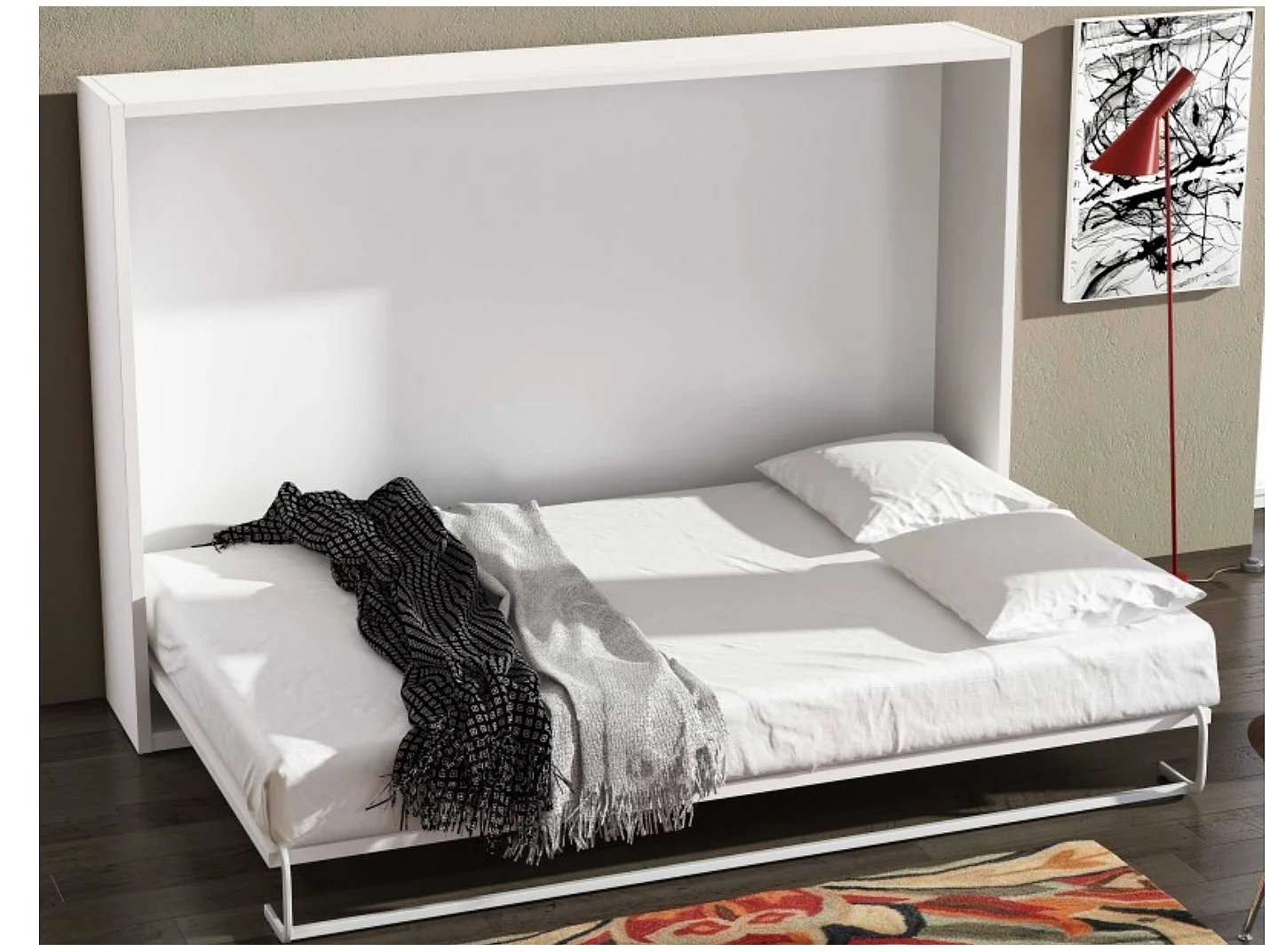 Lit escamotable horizontal OPTIMA-Avec matelas-140x190-Cadre Blanc-Façade Anthracite