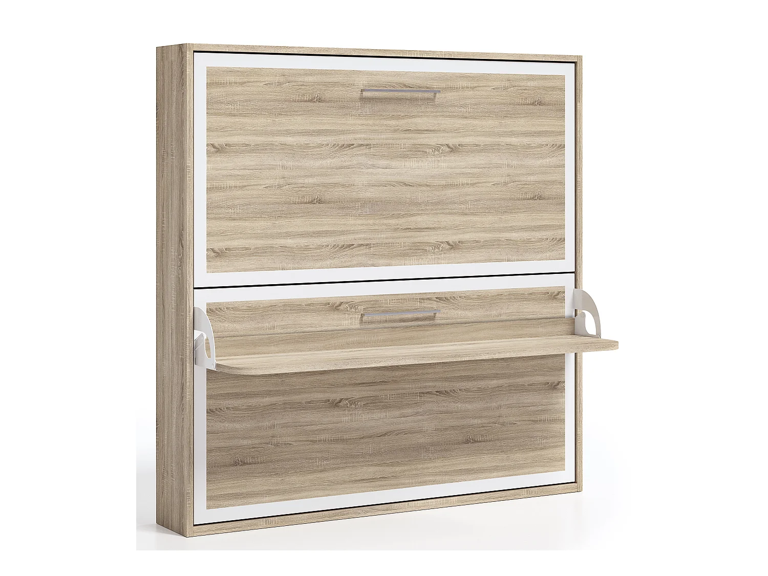 Lit escamotable horizontal superposé 90x200 STUDIO-Encadrement Blanc-Façade Noyer