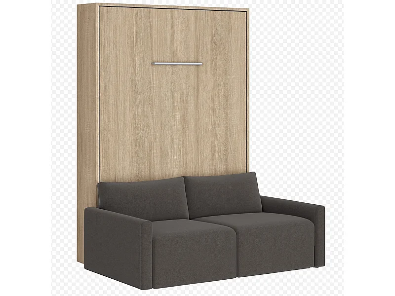Lit escamotable vertical avec canapé tissu VALENCIA-Avec matelas-140x190-Canapé Gris foncé-Structure Chêne clair