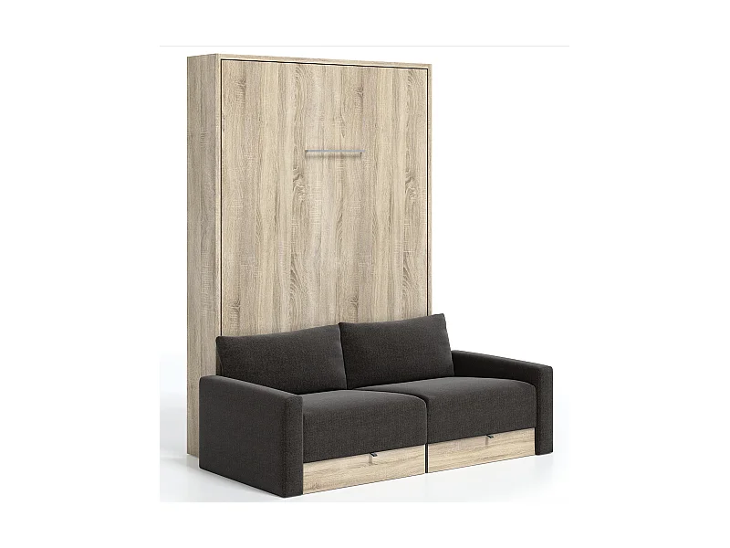 Lit escamotable vertical à tiroirs et canapé tissu VALENCIA-140x190-Canapé Marron-Structure Chêne clair