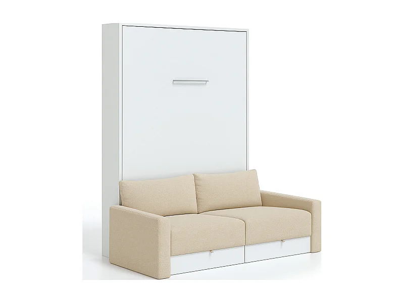 Lit escamotable vertical à tiroirs et canapé tissu VALENCIA-Avec matelas-160x200-Canapé Beige-Structure Blanche
