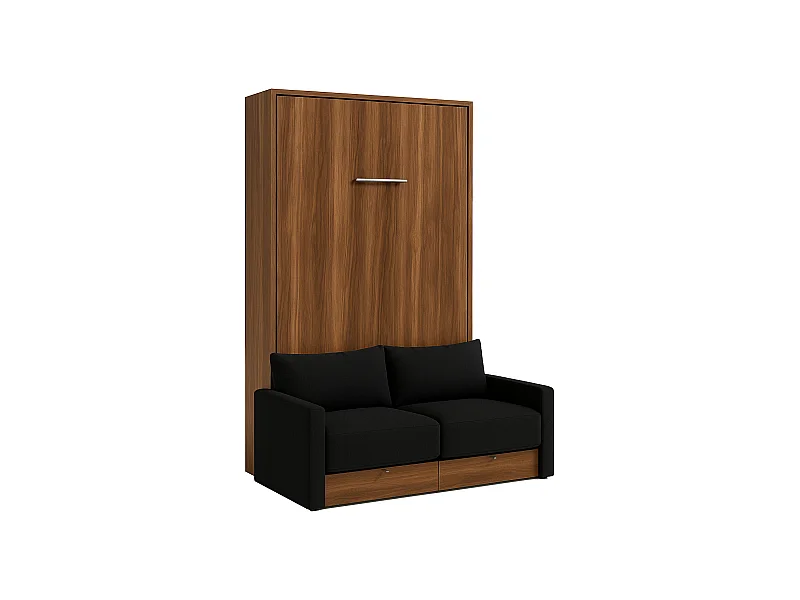 Lit escamotable vertical à tiroirs et canapé tissu VALENCIA-140x190-Canapé Noir-Structure Noyer