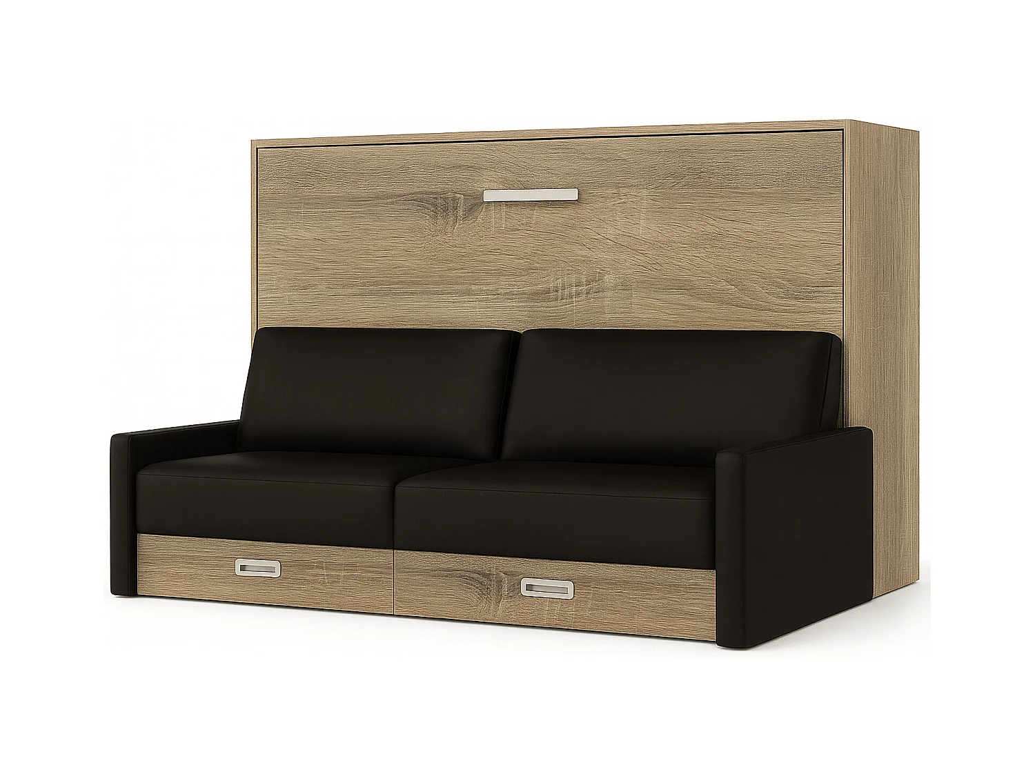 Lit escamotable horizontal avec canapé VETAL-120x200-Canapé Noir-Structure Chêne clair