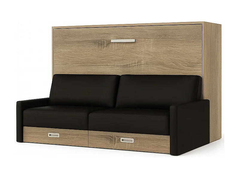 Horizontaal opklapbed met Vetal bank-Slapen 120x200cm-Bank Zwart-Structuur en gevel Licht eiken