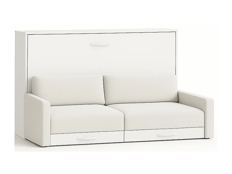 Lit escamotable horizontal avec canapé VETAL-120x200-Canapé Naturel-Structure Blanche
