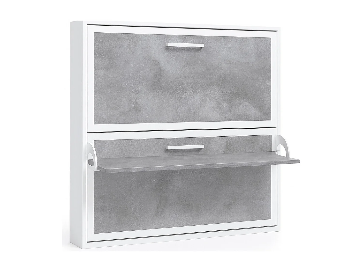 Lit escamotable horizontal superposé 90x200 STUDIO-2 matelas-Encadrement Blanc-Façade Ciment