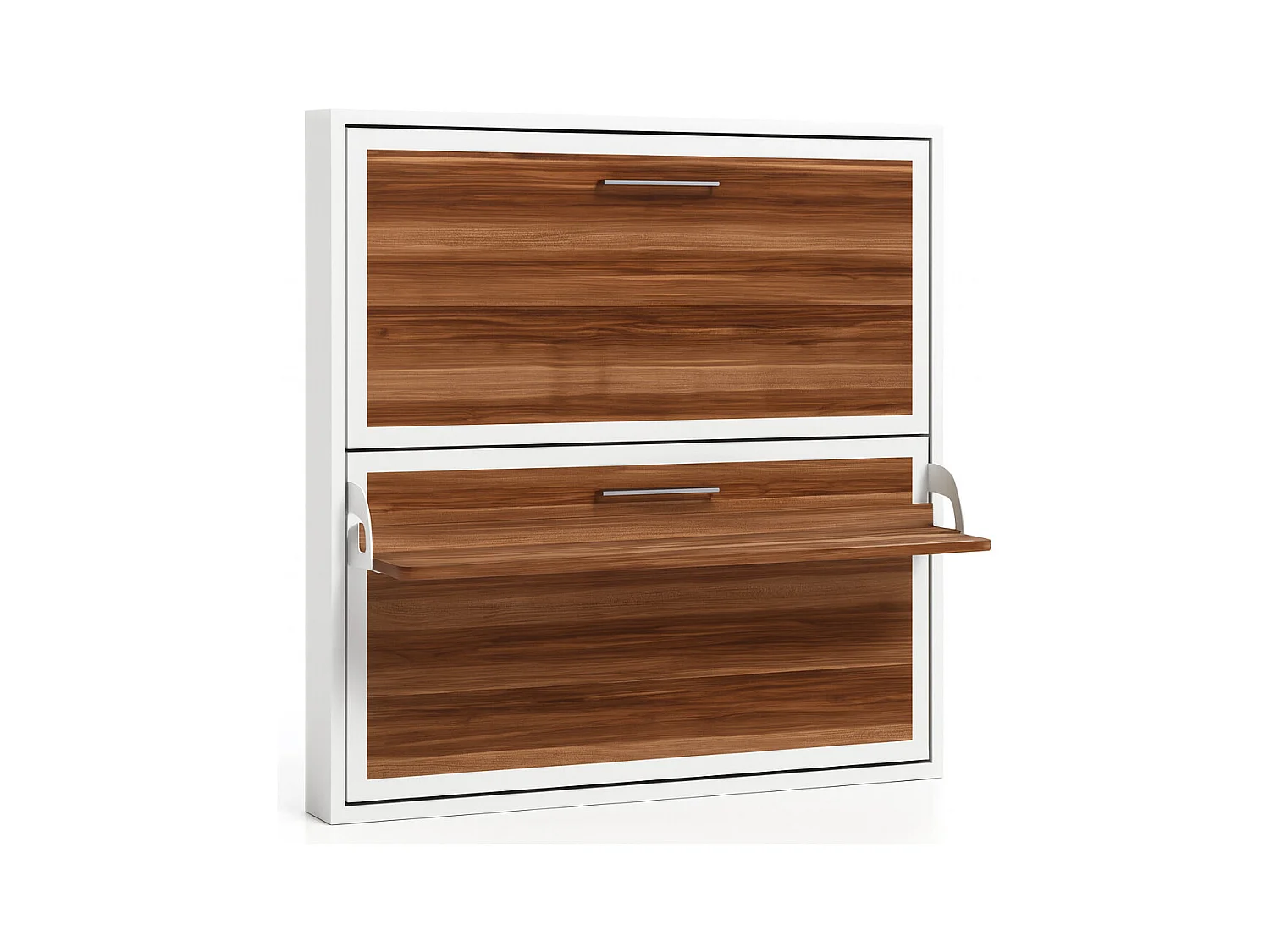 Horizontaal opklapbaar stapelbed 90x190 met gesynchroniseerde plank Studio High-end-2 matrassen-Bekisting Wit-Facade Okkernoot