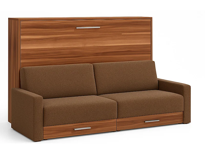 Lit escamotable horizontal avec canapé VETAL-140x190-Canapé Marron clair-Structure Noyer