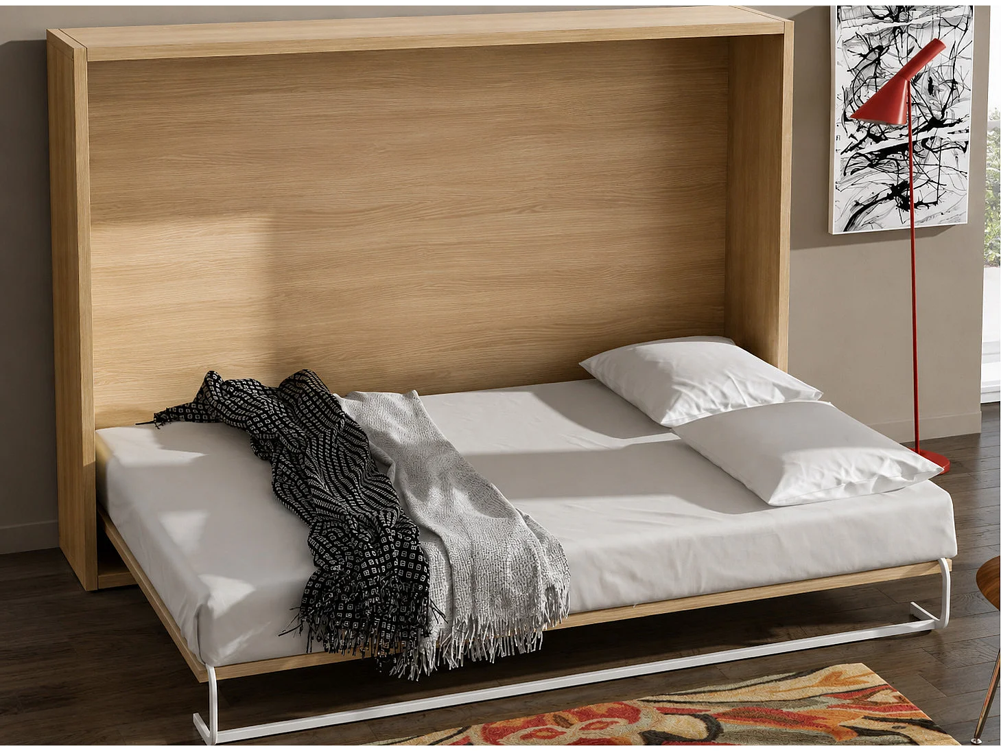 Horizontaal opklapbed 140x190 Optima-Matras van schuimrubber van 18 cm-Slapen -Bekisting Okkernoot-Facade Okkernoot