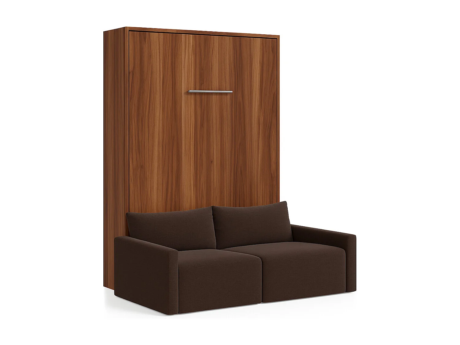 Lit escamotable vertical avec canapé tissu VALENCIA-Avec matelas-160x200-Canapé Marron-Structure Noyer