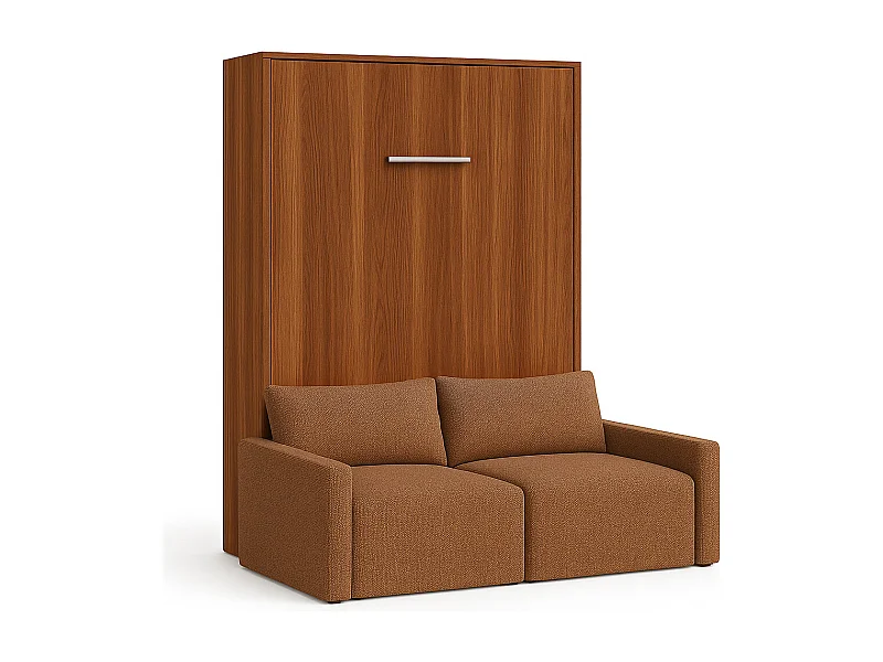 Lit escamotable vertical avec canapé tissu VALENCIA-Avec matelas-160x200-Canapé Camel-Structure Noyer
