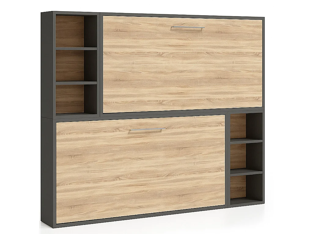 Lit escamotable superposé horizontal avec étagères BINKA-2 matelas-80x190-Cadre Noyer-Façade Noyer