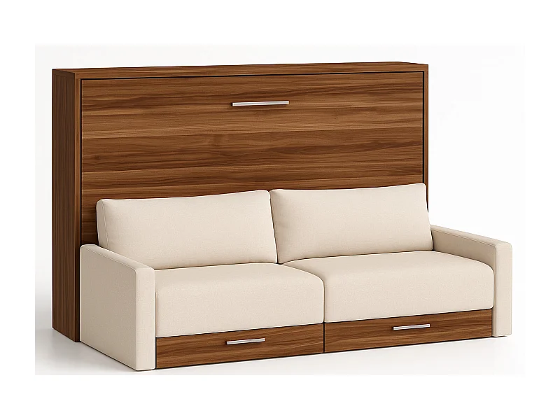 Lit escamotable horizontal avec canapé VETAL-105x190-Canapé Naturel-Structure Noyer