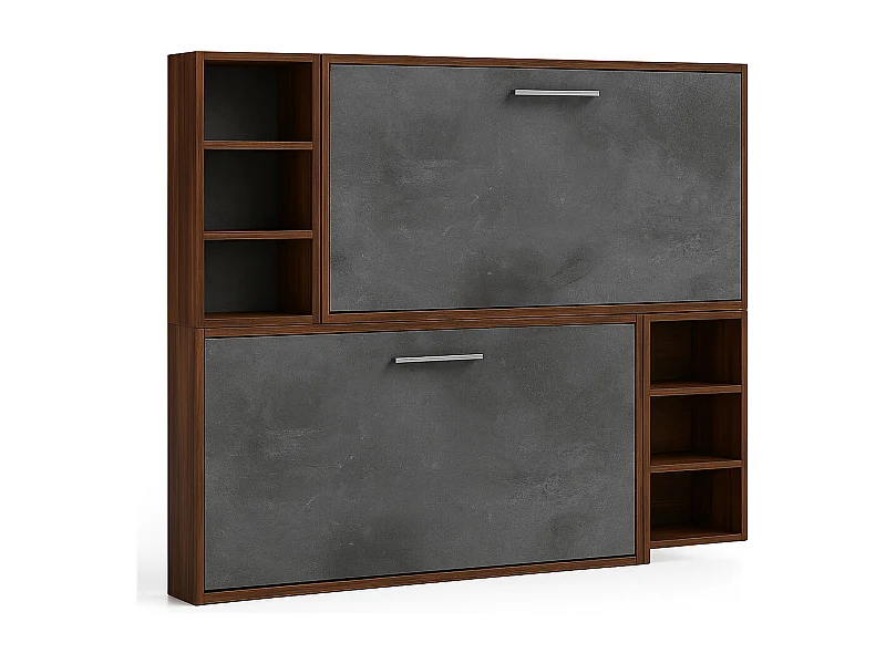 Lit escamotable superposé horizontal avec étagères BINKA-2 matelas-90x180-Cadre Noyer-Façade Gris ciment