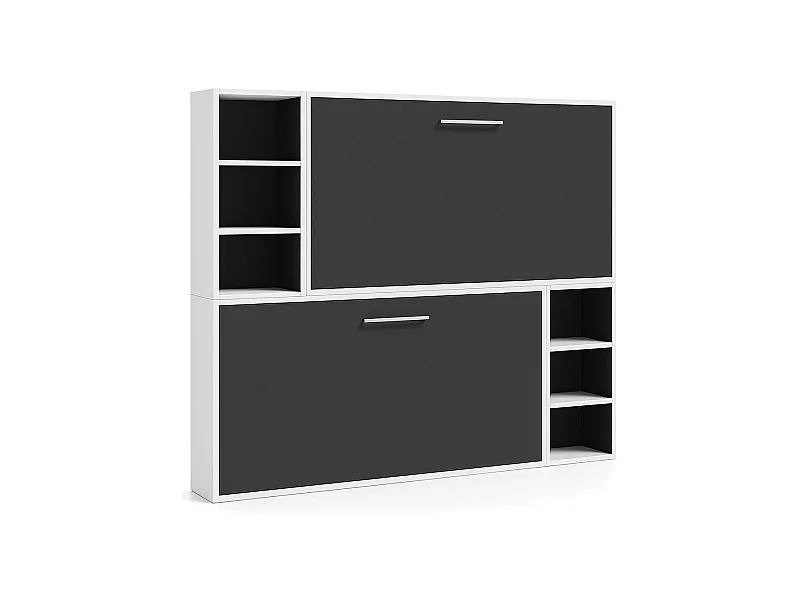 Lit escamotable superposé horizontal avec étagères BINKA-80x200-Cadre Blanc-Façade Anthracite
