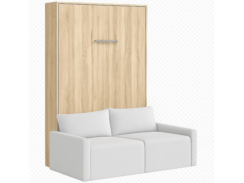 Lit escamotable vertical avec canapé tissu VALENCIA-Avec matelas-140x190-Canapé Gris clair-Structure Chêne clair