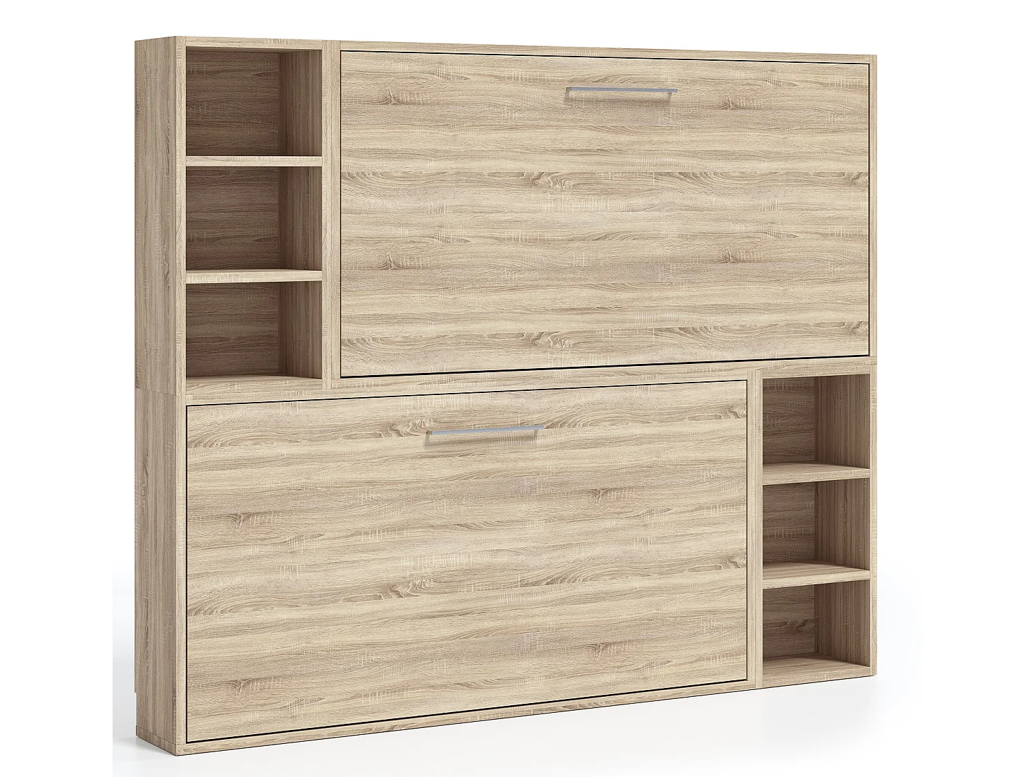 Lit escamotable superposé horizontal avec étagères BINKA-2 matelas-80x190-Cadre Noyer-Façade Blanche