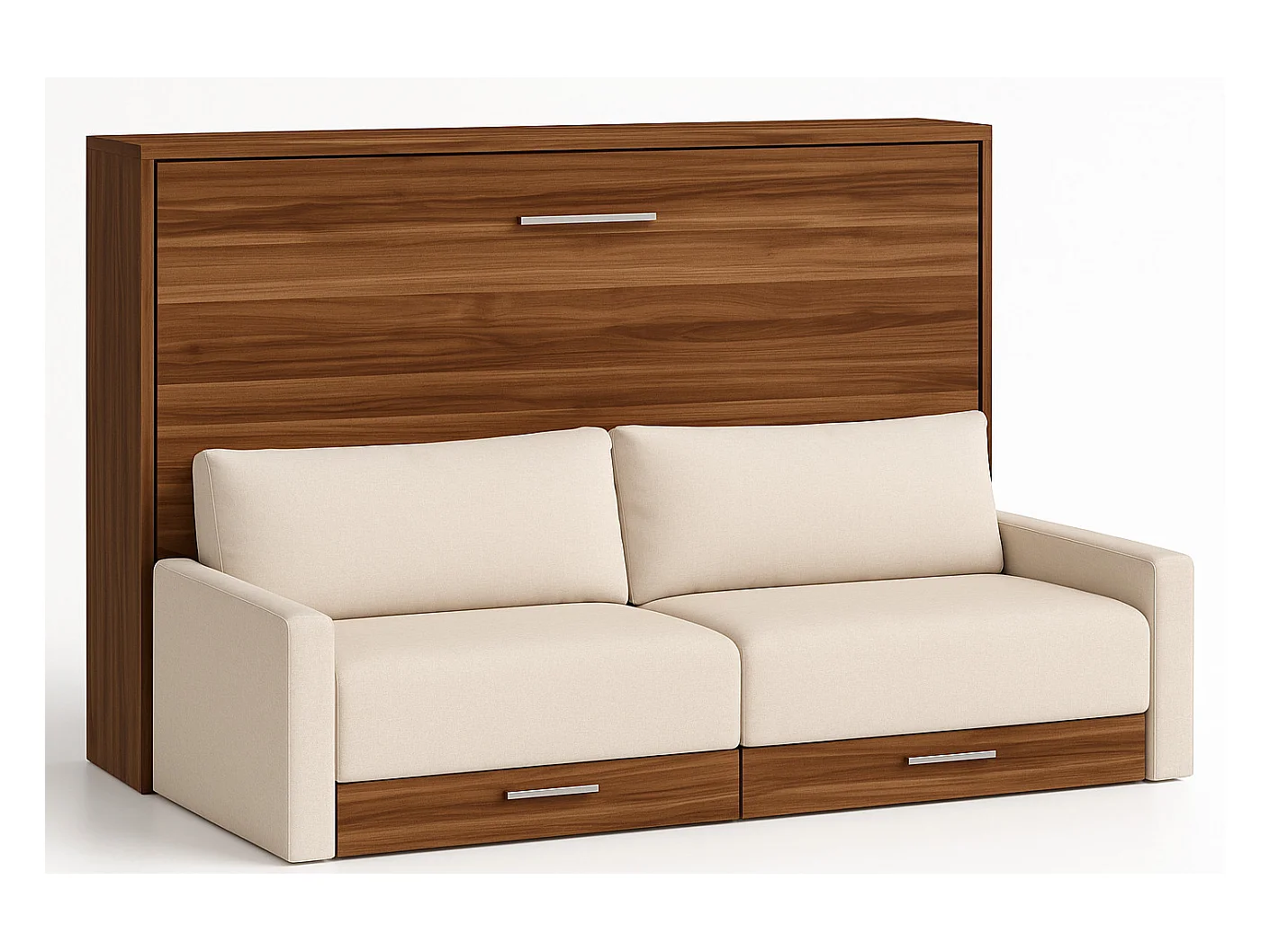 Cama abatible horizontal con sofá Veta-Ropa de cama 120x200 cm-Sofá Natural-Estructura y fachada Nogal