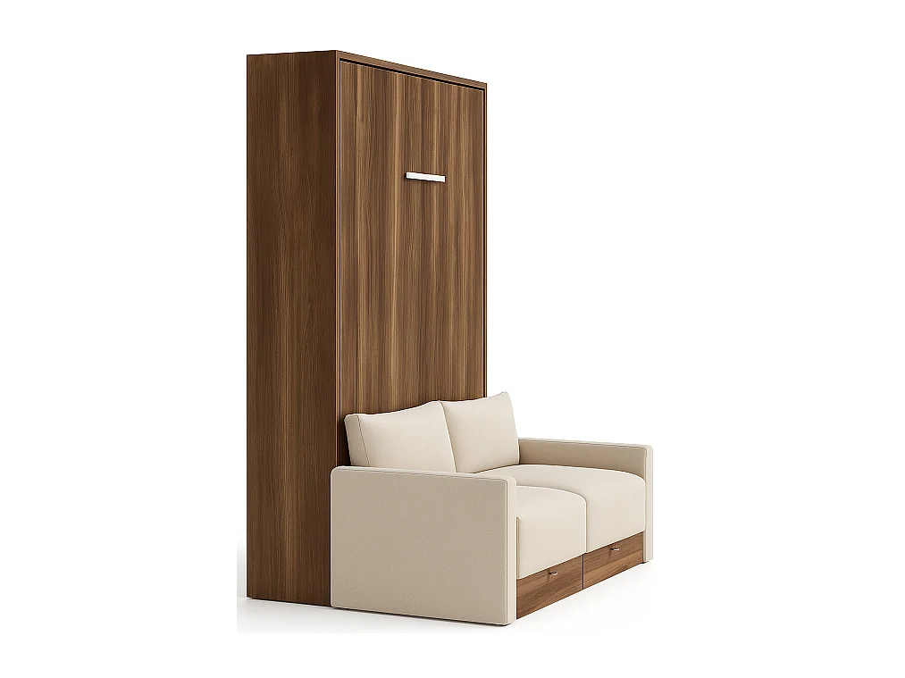 Cama vertical Valencia con sofá y cajones Gama alta-Con colchón-Ropa de cama 160x200 cm-Sofá Natural-Estructura y fachada Gris cemento