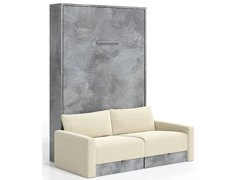 Valencia verticaal opklapbed met bank en lades High end-Matras van schuimrubber van 18 cm-Slapen 160x200cm-Bank Natuurlijk-Structuur en gevel Cementgrijs