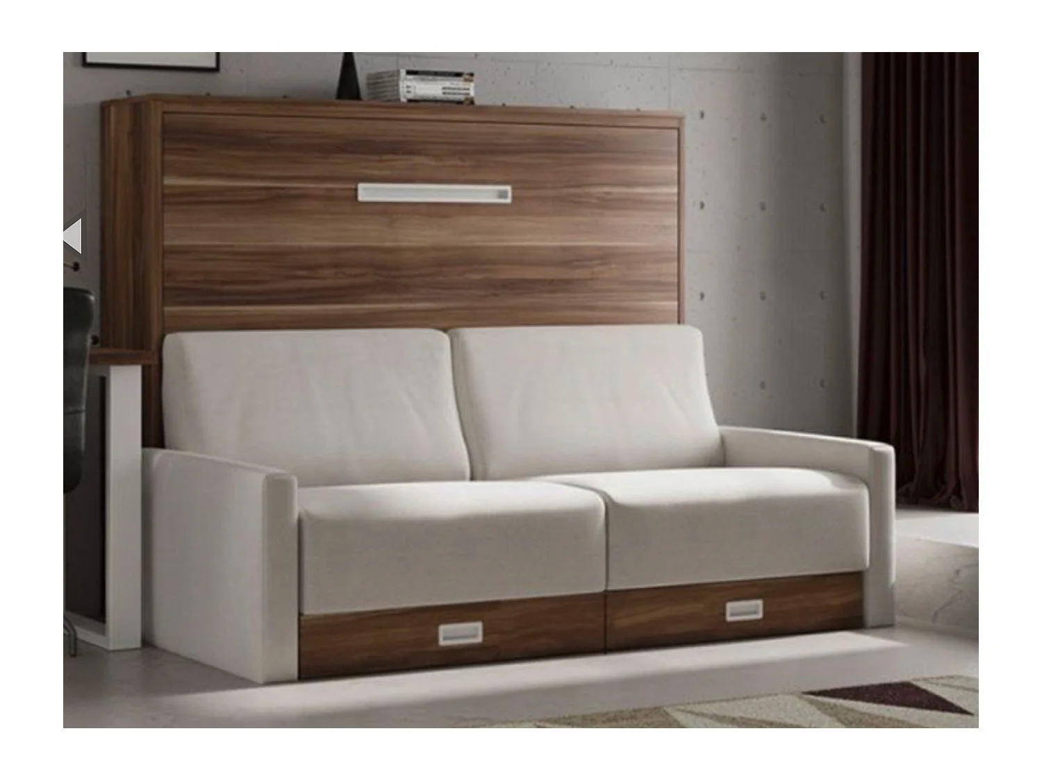 Lit escamotable horizontal avec canapé VETAL-150x190-Canapé Naturel-Structure Noyer