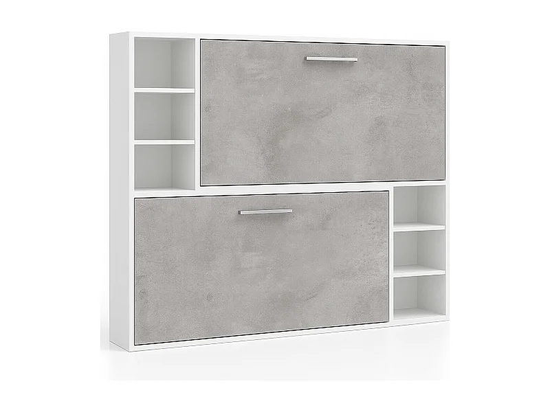 Lit escamotable superposé horizontal avec étagères BINKA-80x180-Cadre Blanc-Façade Gris ciment