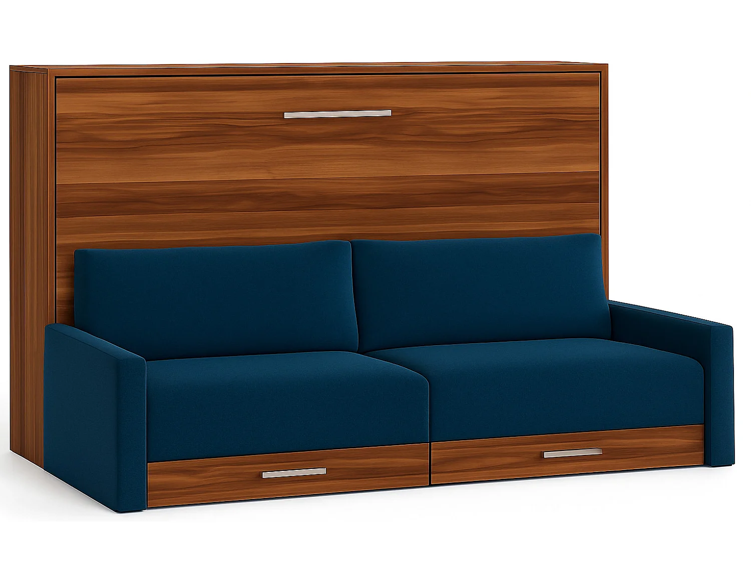 Lit escamotable horizontal avec canapé et rangement VETAL-120x190-Canapé Bleu foncé-Structure Noyer