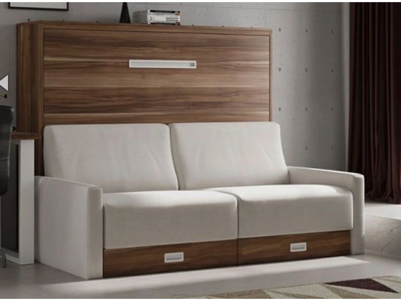 Lit escamotable horizontal avec canapé et rangement VETAL-120x190-Canapé Bleu foncé-Structure Noyer